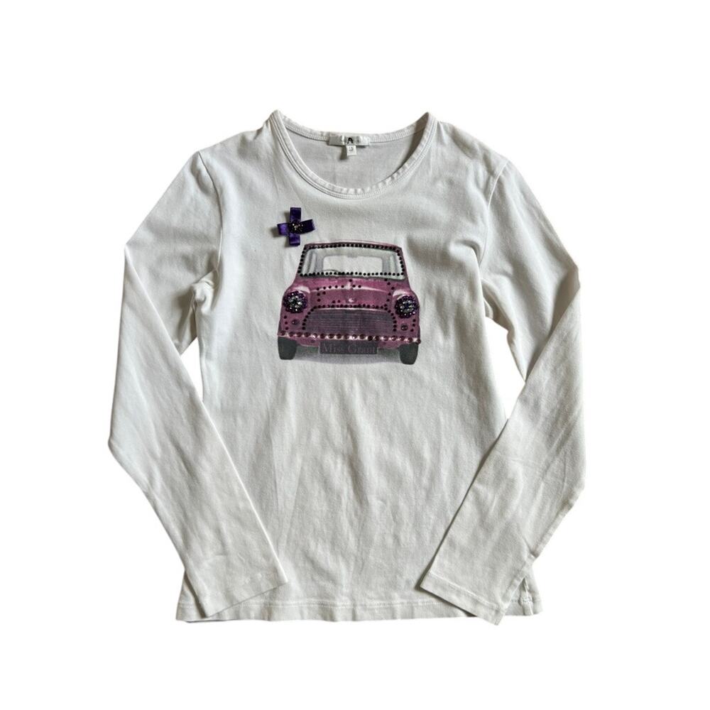 Miss Grant Purple Car Rhinestone Long Sleeve Stretch White Shirt (Size 40/L)